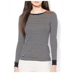 Lauren Ralph Lauren B&W Striped Long Sleeve Top Faux Suede Elbow Patch Size S
